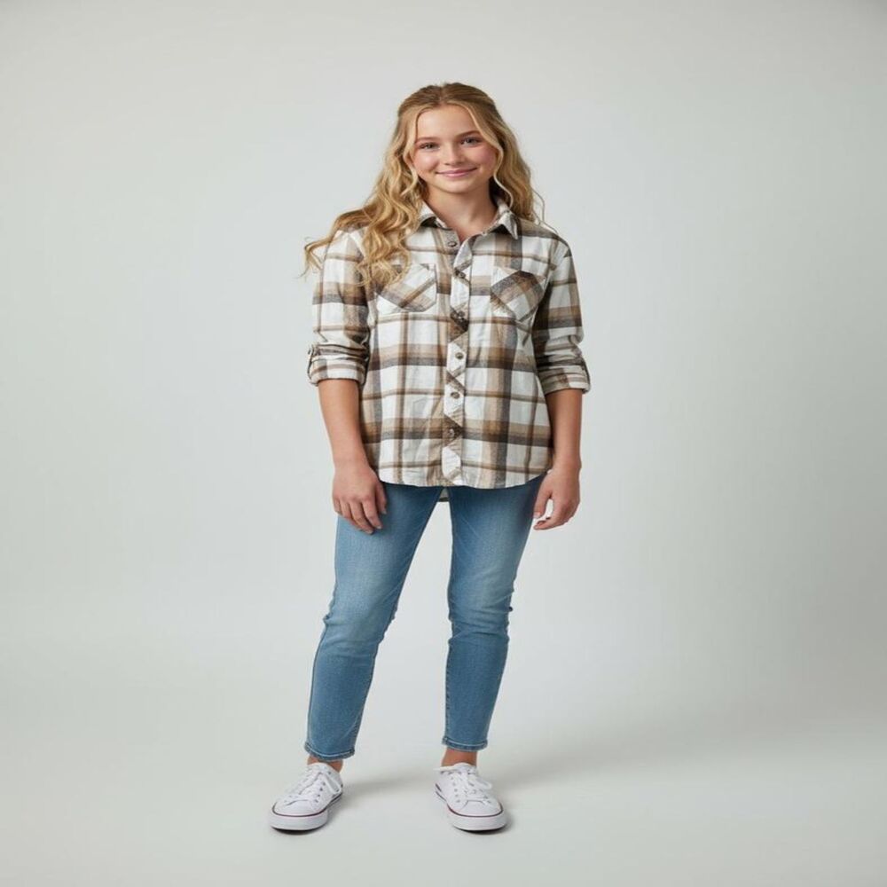 sm Girls Blonde Plaid Tartan Button Front Shirt Blouse Top Weatherproof Vintage
